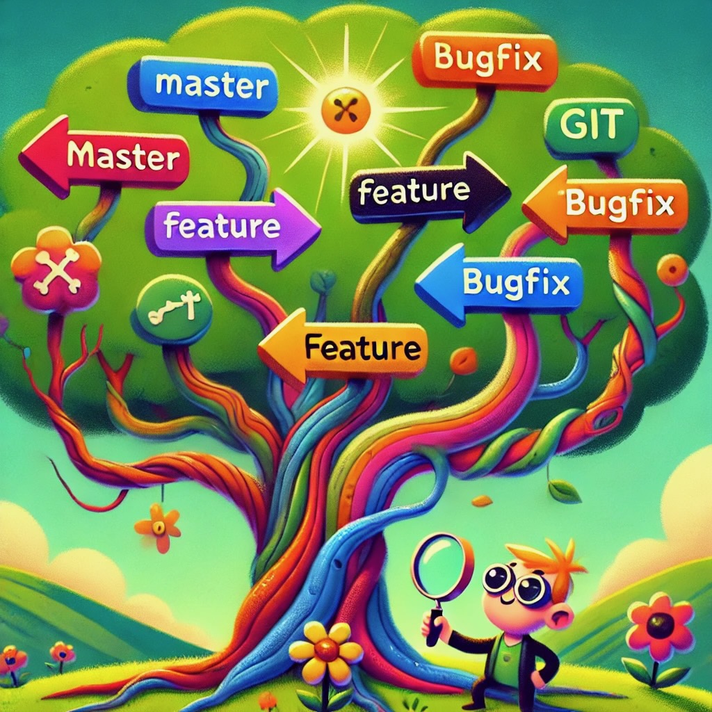 AI generated image of a developer looking for clues in a (git) tree of
branches