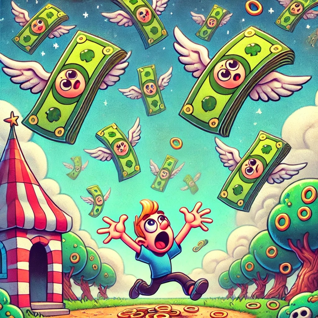 AI Generated image of person running after money with wings that are flying away out of reach