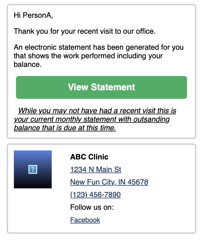Screenshot of email content showing a brief message with a View Statement button, followed by details of the clinic.
