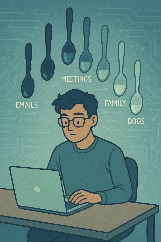 AI generated image of a developer working on their laptop while their spoons float around them getting depleted.