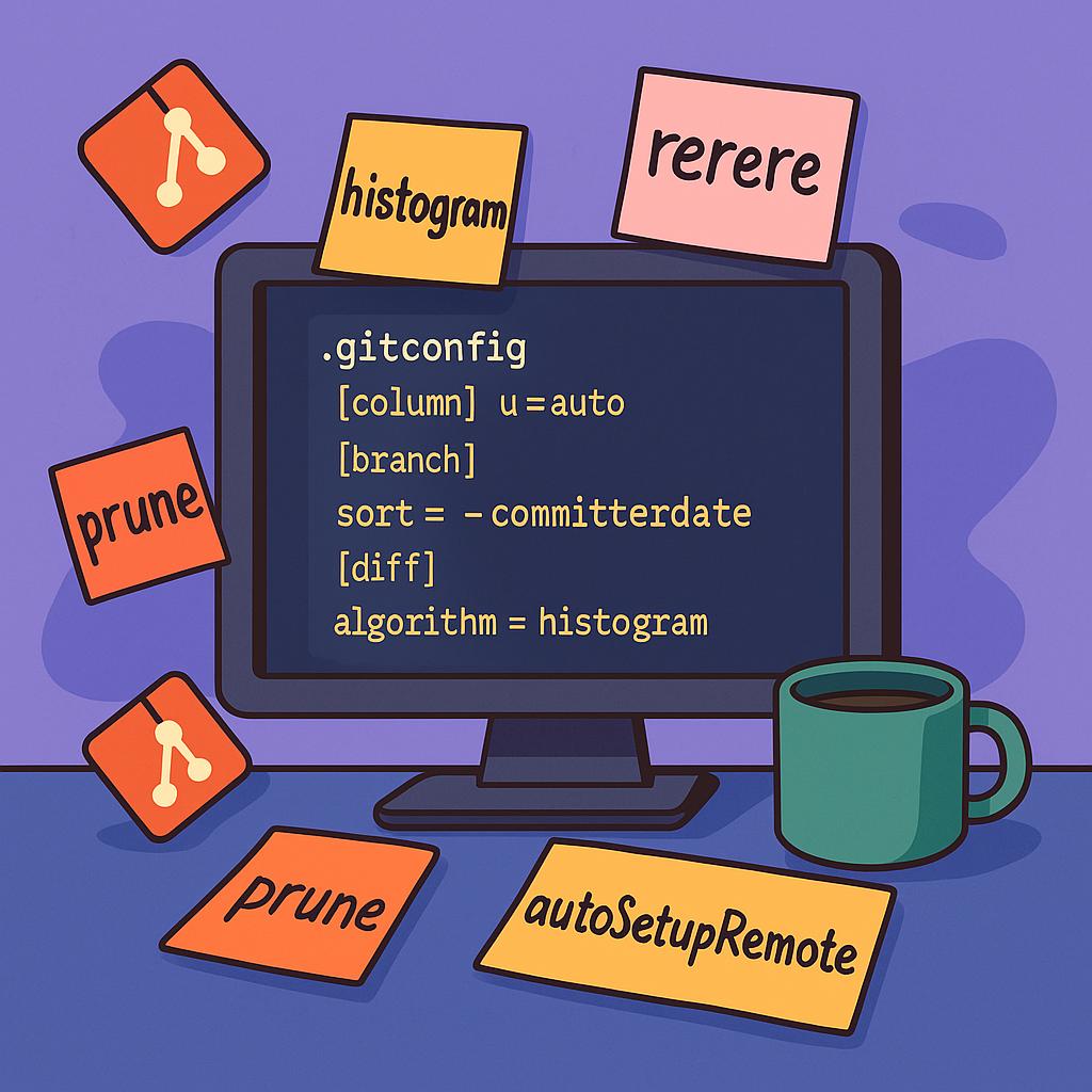 AI generated image of a desk with a monitor showing .gitconfig with various settings. Around the monitor are sticky notes highlighting the options and a coffee mug.