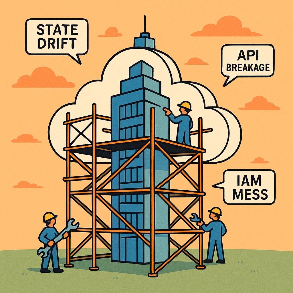 AI generated image of developers trying to scaffold a building of blocks into the cloud with message bubbles like API Breakage, State and IAM mess visible around them.