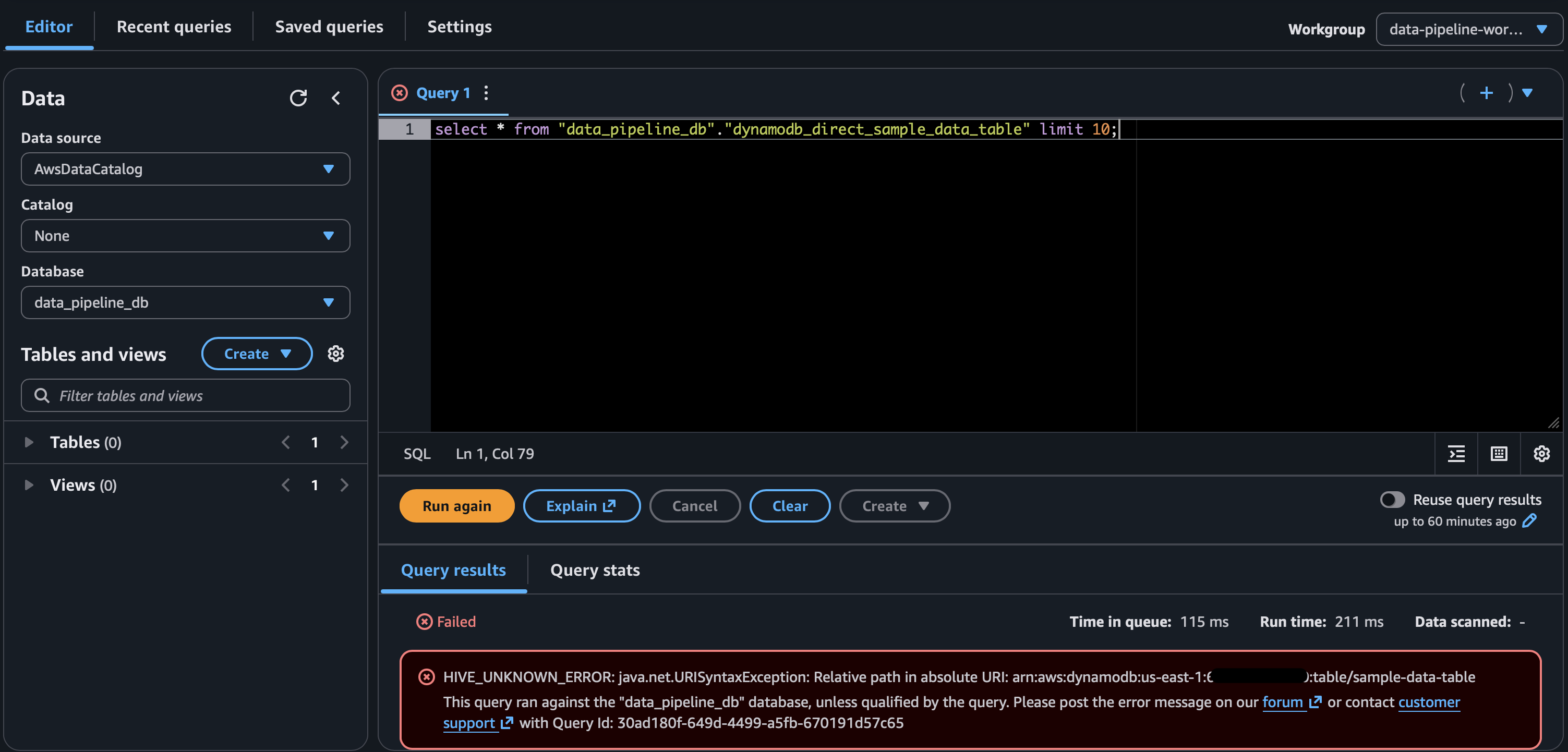 Athena error: Relative path in absolute URI with dynamo db arn” when querying the glue table.