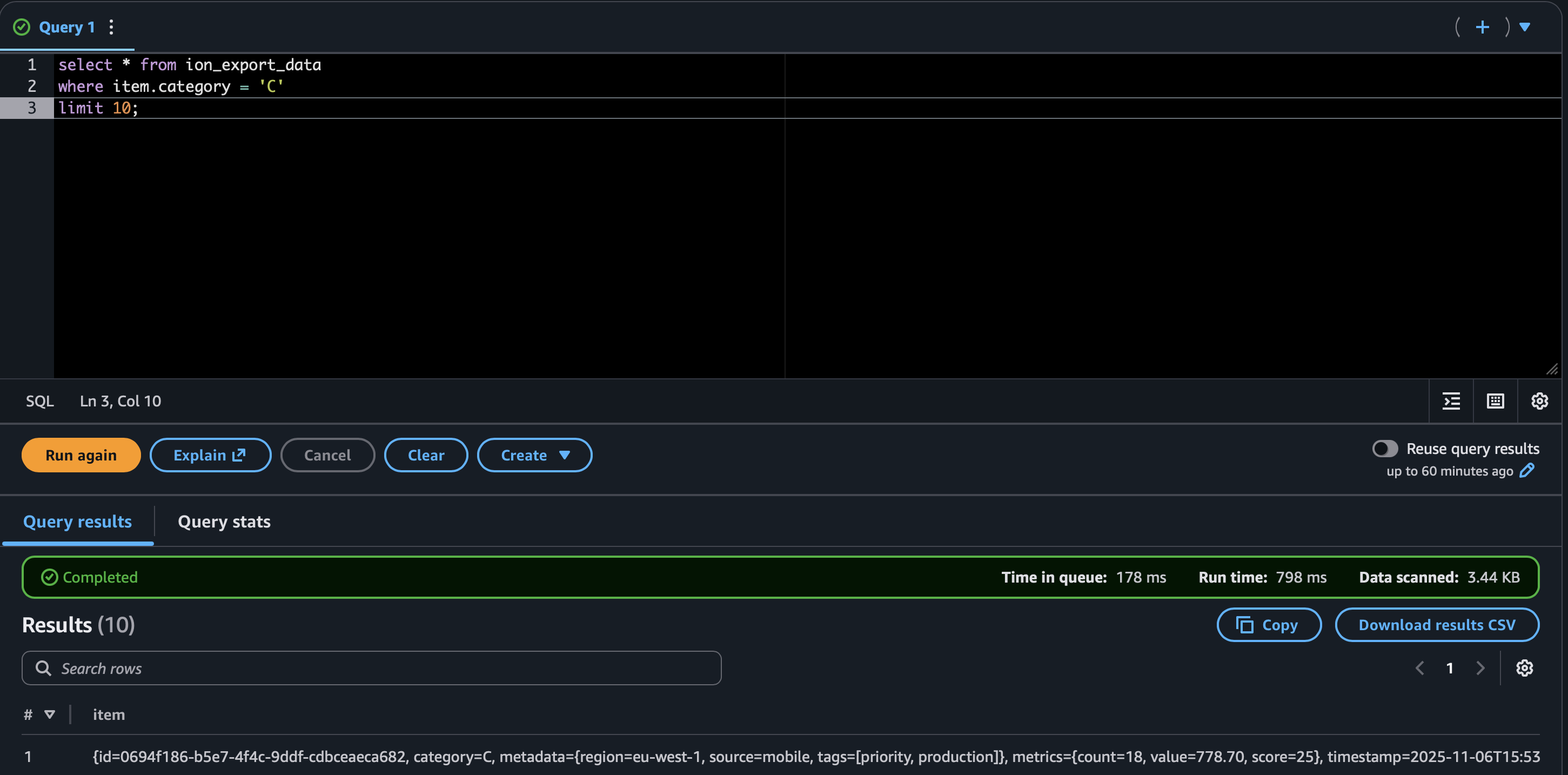 Athena query over ion_export_data showing semi-flattened structs.