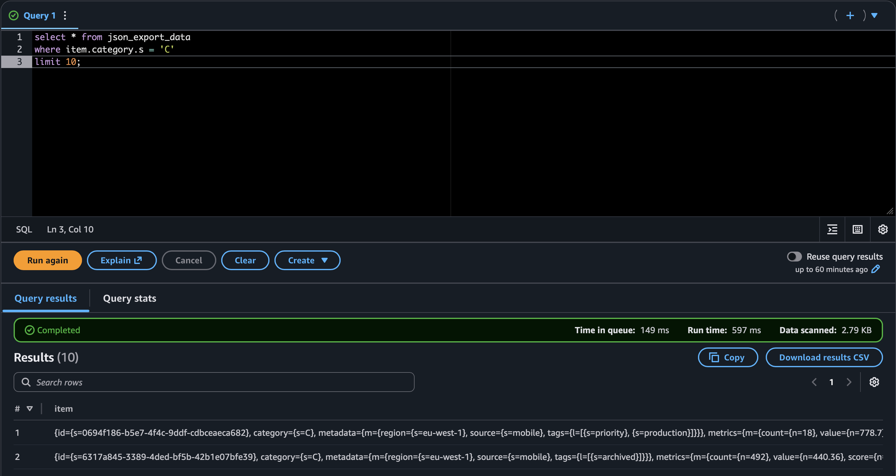 Athena query showing category.s filter for “B”.