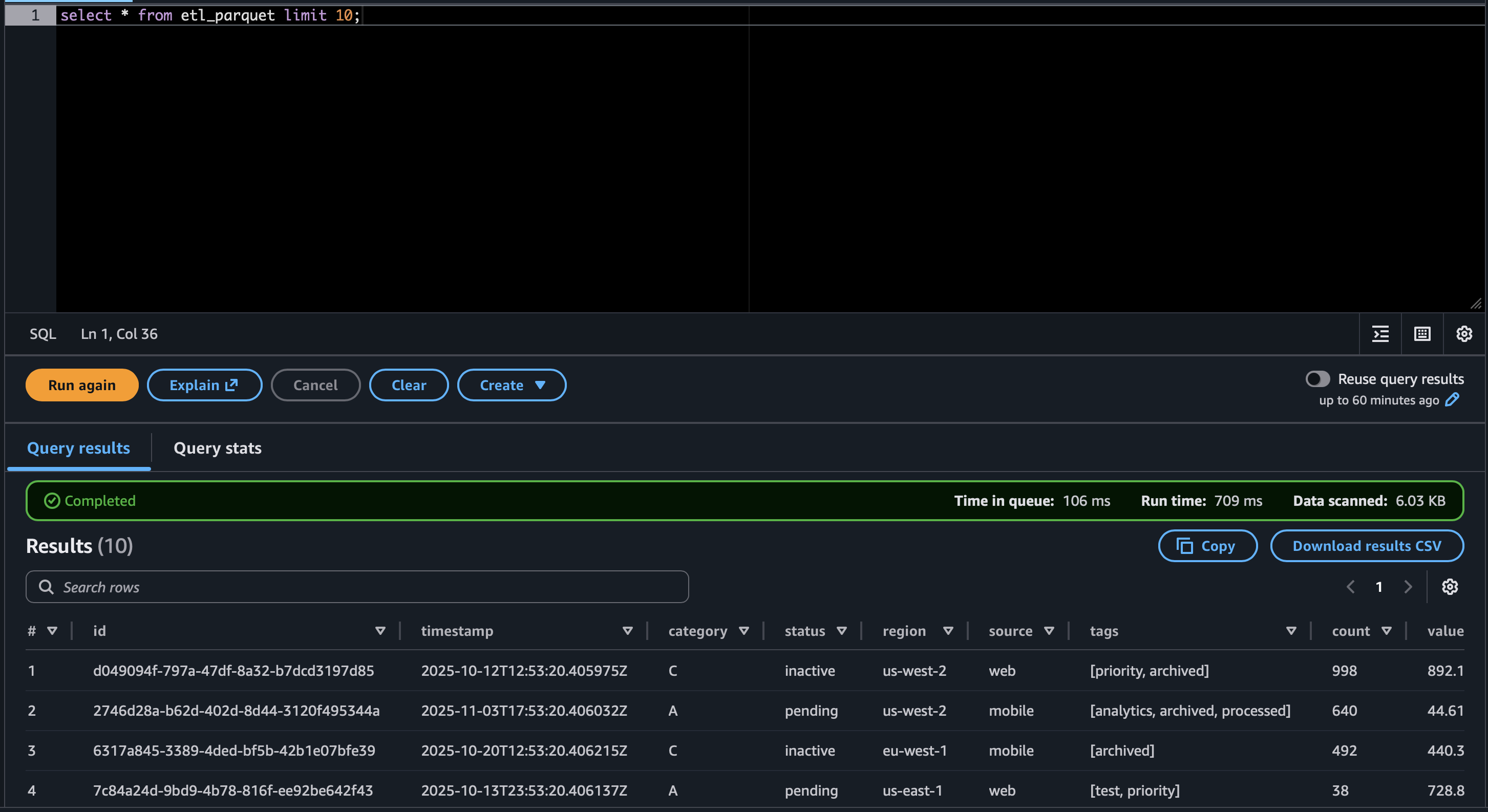Athena query over Parquet table with clean columns.