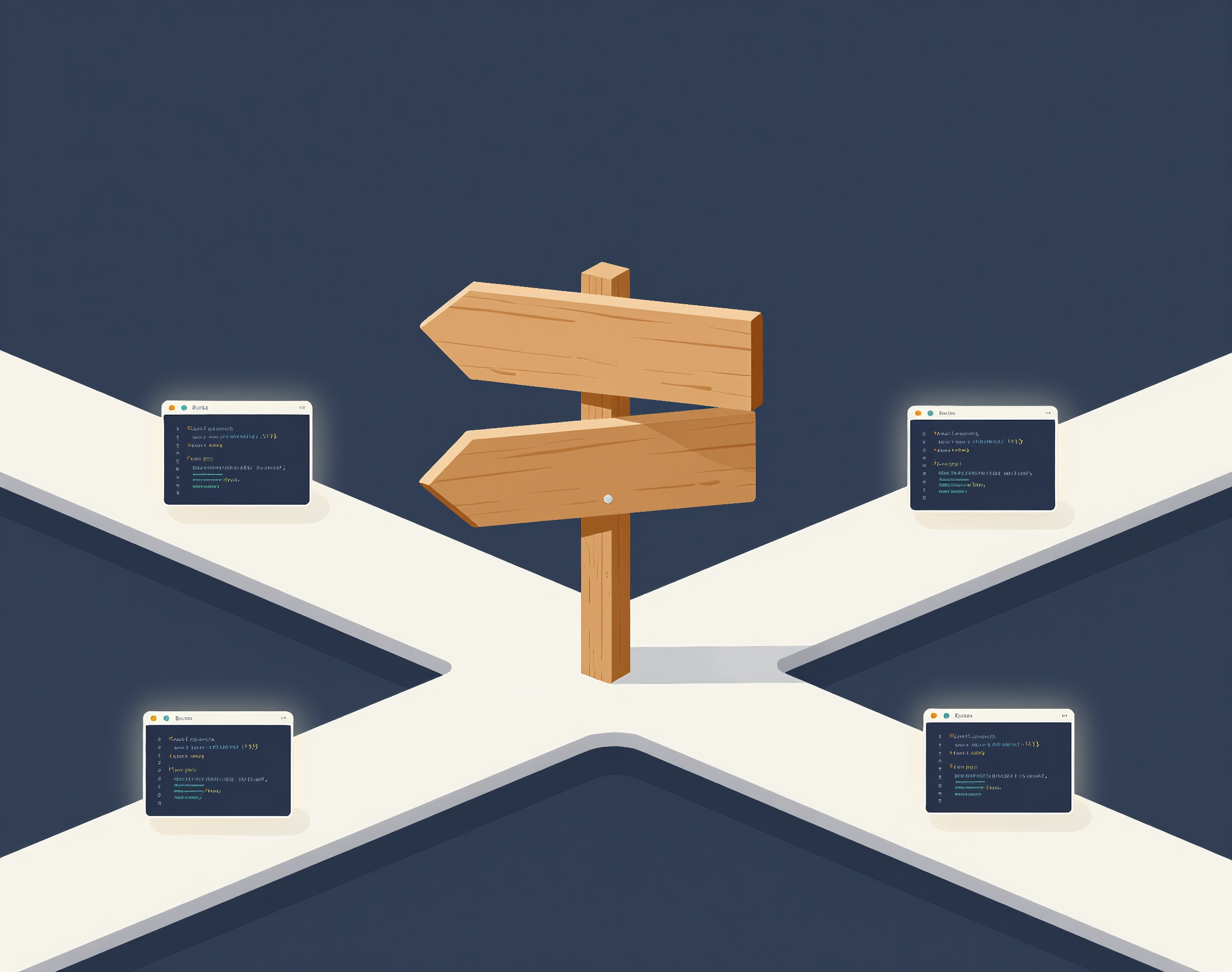 AI generated image of a crossroads with a wooden signpost at the center pointing toward several floating code-editor windows, rendered in a flat slate, wood, and off-white palette — a visual for steering coding agents in different directions rather than down one prescribed path.